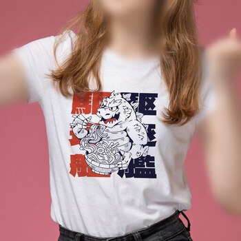 تیشرت سفید آستین کوتاه دخترانه طرح اژدها ژاپنی